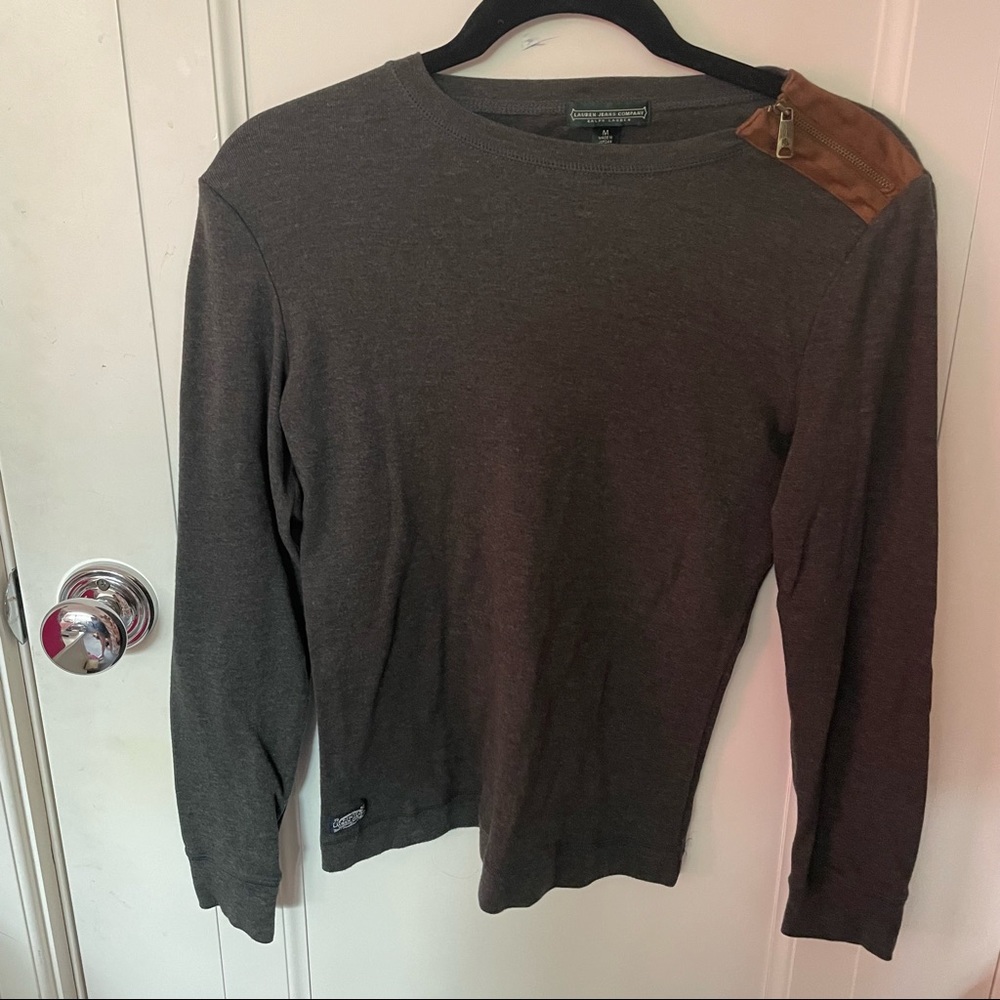 Ralph Lauren gray shirt with brown elbow pads and zipper shoulder detail